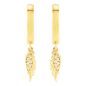 Diamond Angel Wing Dangle Hoop Earrings 14K Gold