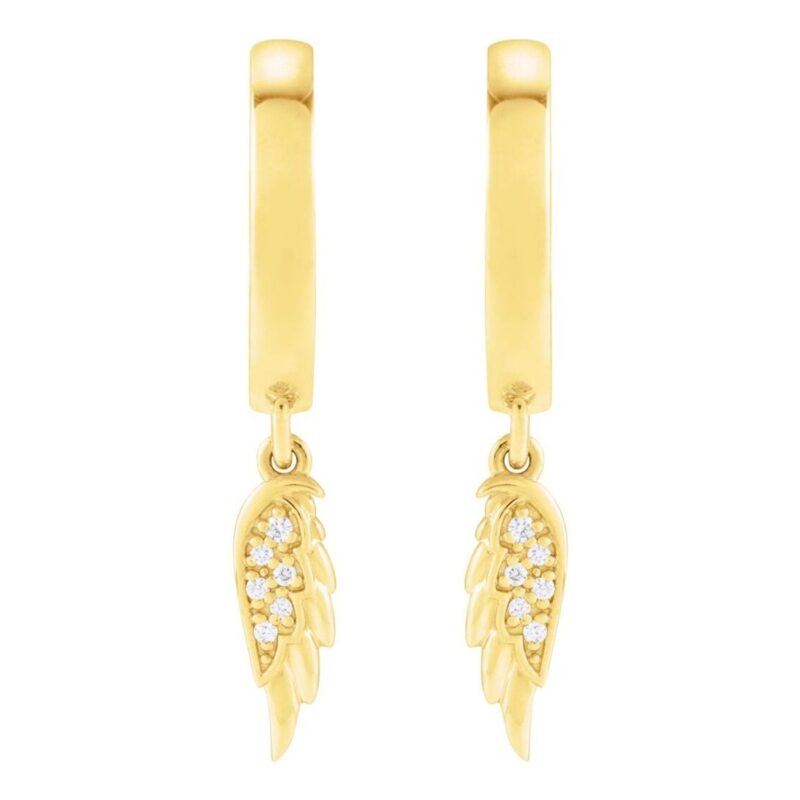 Diamond Angel Wing Dangle Hoop Earrings 14K Gold