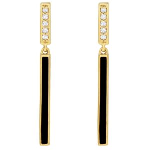Diamond & Black Enamel Bar Dangle Earrings 14k Gold