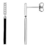 Diamond & Black Enamel Bar Dangle Earrings 14k White Gold