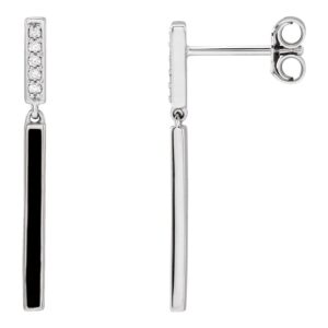 Diamond & Black Enamel Bar Dangle Earrings 14k White Gold
