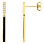 Diamond & Black Enamel Bar Dangle Earrings 14k Yellow Gold