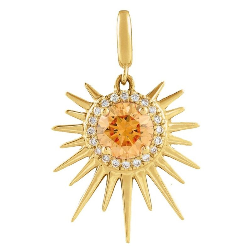 Diamond Halo Citrine Sun Charm Pendant 14K Yellow Gold