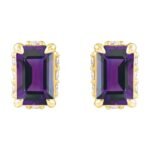 Diamond Halo Emerald cut Amethyst Stud Earrings 14K Gold