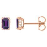 Diamond Halo Emerald cut Amethyst Stud Earrings 14K Rose Gold