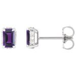 Diamond Halo Emerald cut Amethyst Stud Earrings 14K White Gold