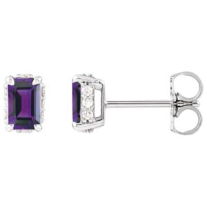 Diamond Halo Emerald cut Amethyst Stud Earrings 14K White Gold