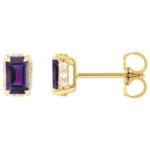 Diamond Halo Emerald cut Amethyst Stud Earrings 14K Yellow Gold