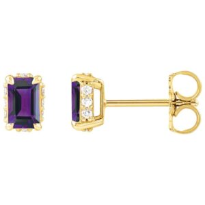Diamond Halo Emerald cut Amethyst Stud Earrings 14K Yellow Gold