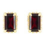 Diamond Halo Emerald cut Red Garnet Stud Earrings 14K Gold