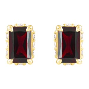 Diamond Halo Emerald cut Red Garnet Stud Earrings 14K Gold