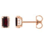 Diamond Halo Emerald cut Red Garnet Stud Earrings 14K Rose Gold