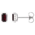 Diamond Halo Emerald cut Red Garnet Stud Earrings 14K White Gold