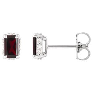 Diamond Halo Emerald cut Red Garnet Stud Earrings 14K White Gold