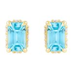 Diamond Halo Emerald cut Sky Blue Topaz Stud Earrings 14K Gold