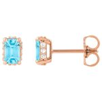 Diamond Halo Emerald cut Sky Blue Topaz Stud Earrings 14K Rose Gold