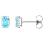 Diamond Halo Emerald cut Sky Blue Topaz Stud Earrings 14K White Gold