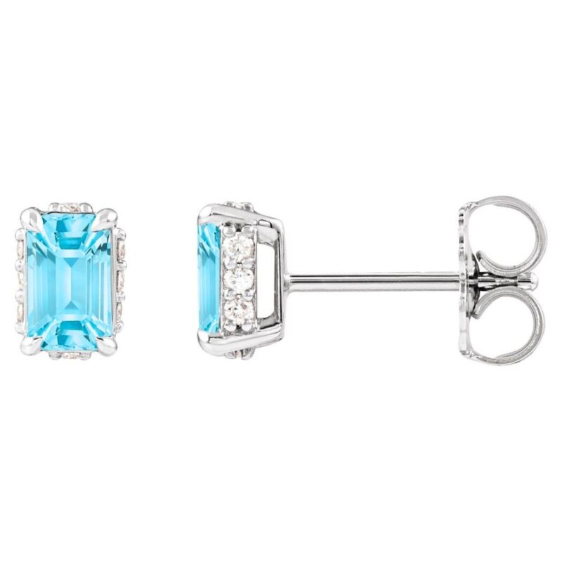 Diamond Halo Emerald cut Sky Blue Topaz Stud Earrings 14K White Gold