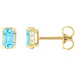 Diamond Halo Emerald cut Sky Blue Topaz Stud Earrings 14K Yellow Gold