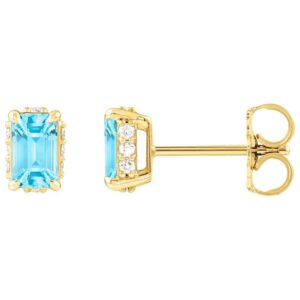 Diamond Halo Emerald cut Sky Blue Topaz Stud Earrings 14K Yellow Gold