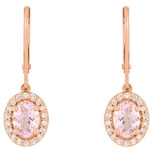 Diamond Halo Pink Morganite Leverback Dangle Earrings 14K Gold