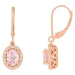 Diamond Halo Pink Morganite Leverback Dangle Earrings 14K Rose Gold