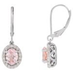 Diamond Halo Pink Morganite Leverback Dangle Earrings 14K White Gold