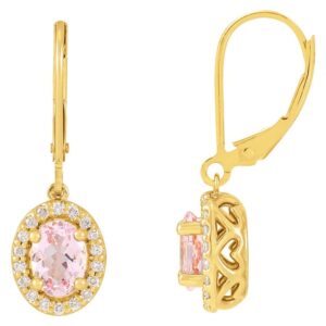 Diamond Halo Pink Morganite Leverback Dangle Earrings 14K Yellow Gold