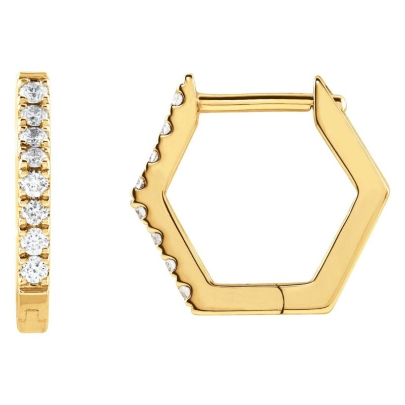 Diamond Hexagon Hinged Huggie Earrings 14K Yellow Gold