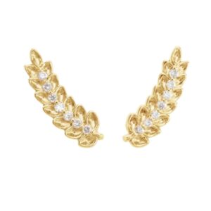 Diamond Leaf Ear Climber Earrings 14K Gold