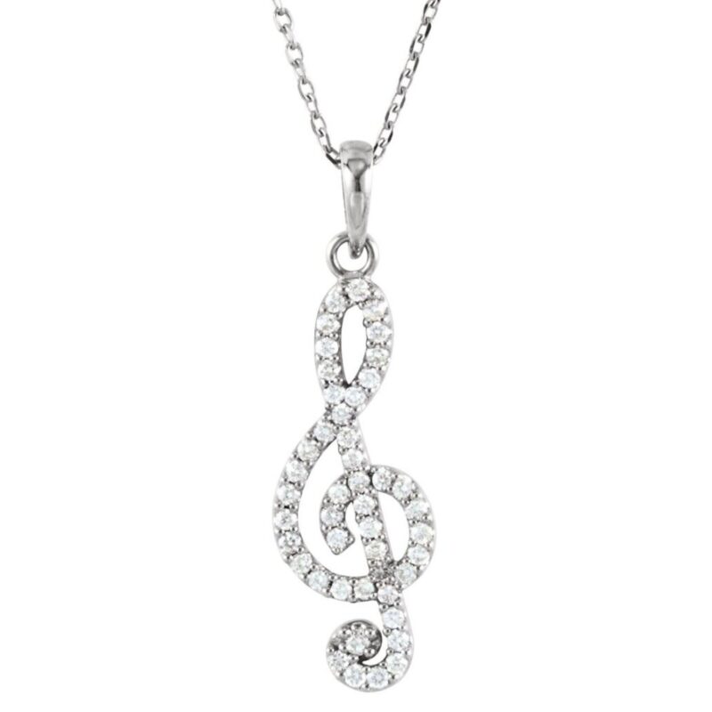 Diamond Treble Clef Pendant Necklace 14K White Gold
