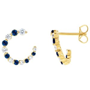 Diamond and Blue Sapphire Front to Back Hoop Earrings 14K Yellow Gold