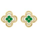 Diamond and Emerald Clover Stud Earrings 14K Gold