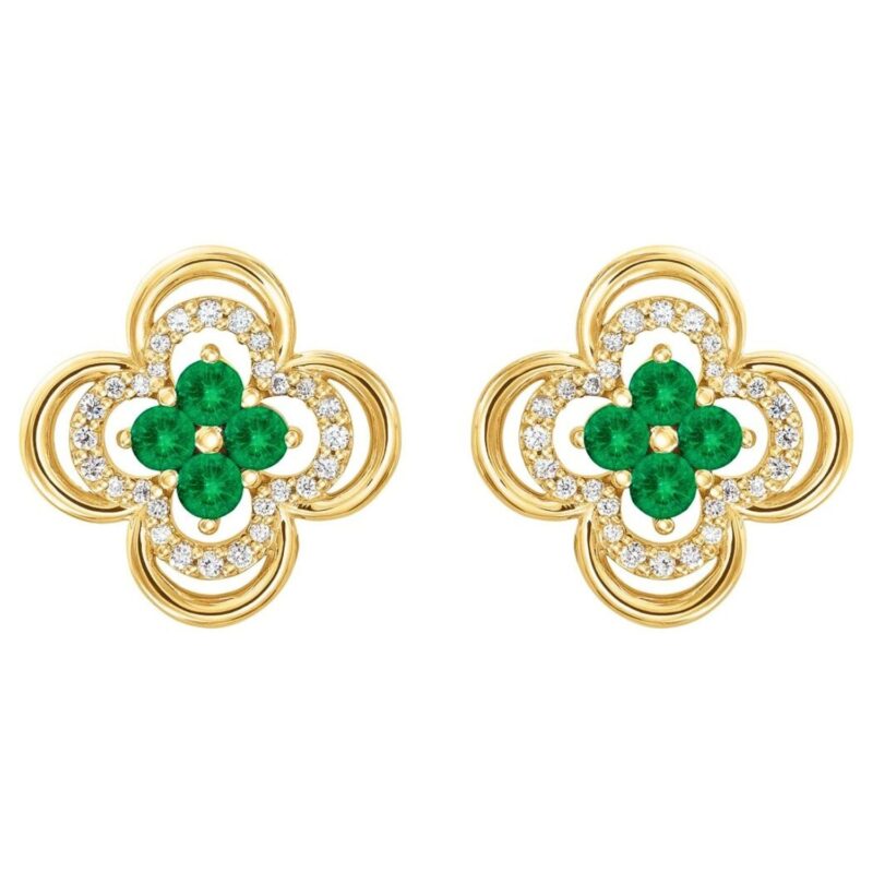 Diamond and Emerald Clover Stud Earrings 14K Gold