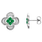 Diamond and Emerald Four Leaf Clover Stud Earrings 14K White Gold