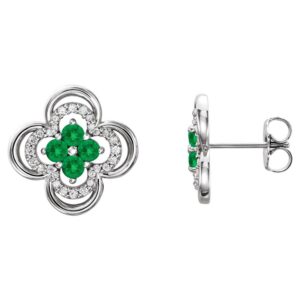Diamond and Emerald Four Leaf Clover Stud Earrings 14K White Gold