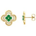 Diamond and Emerald Four Leaf Clover Stud Earrings 14K Yellow Gold