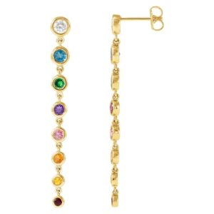 Diamond and Multi-Gemstone Rainbow Dangle Earrings 14K Yellow Gold