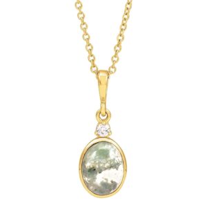 Diamond and Natural Green Moss Agate Necklace 14K Yellow Gold