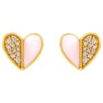 Diamond and Pink Enamel Heart Stud Earrings 14K Gold