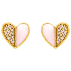Diamond and Pink Enamel Heart Stud Earrings 14K Gold