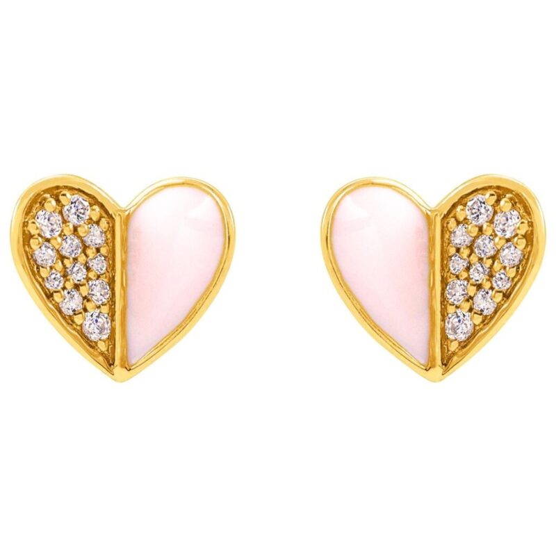 Diamond and Pink Enamel Heart Stud Earrings 14K Gold