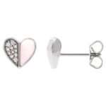 Diamond and Pink Enamel Heart Stud Earrings 14K White Gold