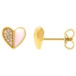 Diamond and Pink Enamel Heart Stud Earrings 14K Yellow Gold