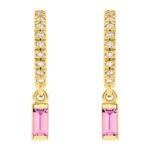 Diamond and Pink Sapphire Dangle Drop Hoop Earrings 14K Gold