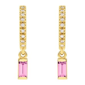 Diamond and Pink Sapphire Dangle Drop Hoop Earrings 14K Gold