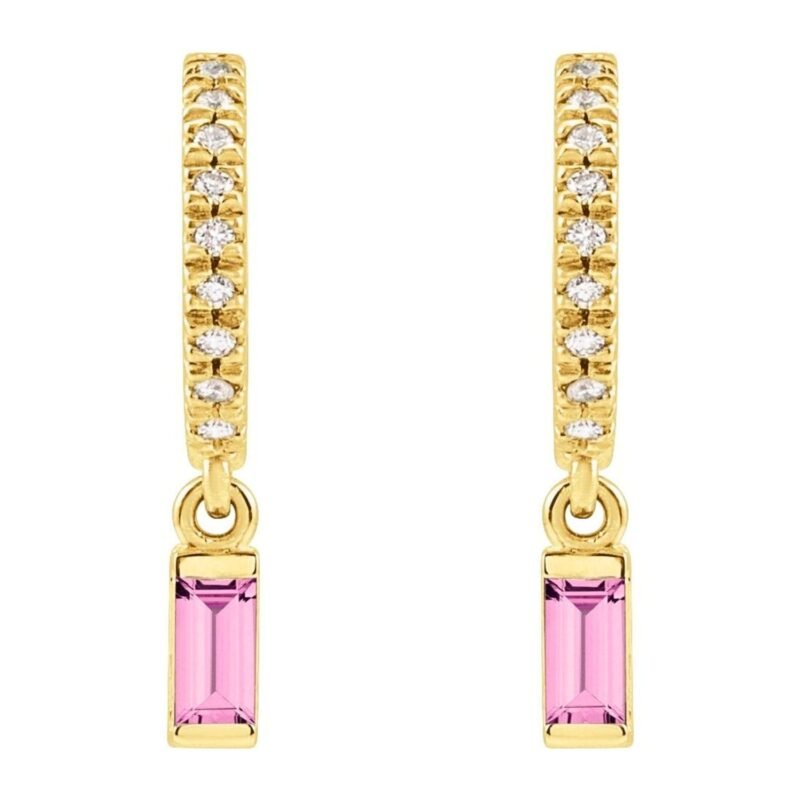 Diamond and Pink Sapphire Dangle Drop Hoop Earrings 14K Gold