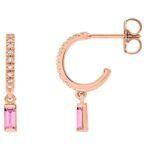 Diamond and Pink Sapphire Dangle Drop Hoop Earrings 14K Rose Gold