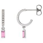 Diamond and Pink Sapphire Dangle Drop Hoop Earrings 14K White Gold