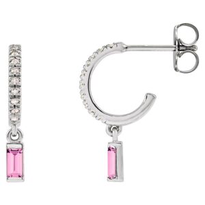 Diamond and Pink Sapphire Dangle Drop Hoop Earrings 14K White Gold